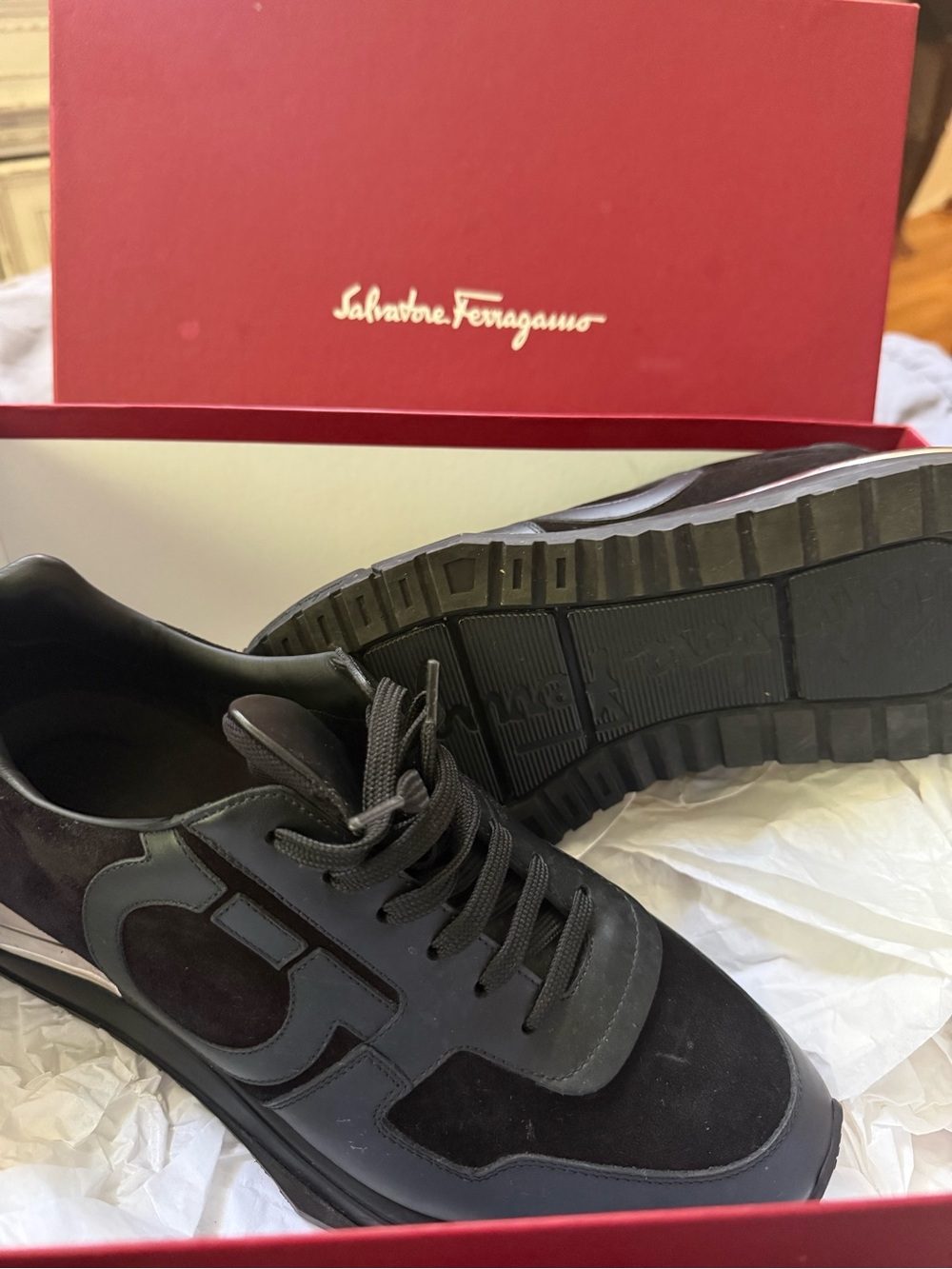 Salvatore Ferragamo Men's Dark Brown Suede Sneakers with Metallic Silver Heel - Picture 4 of 7
